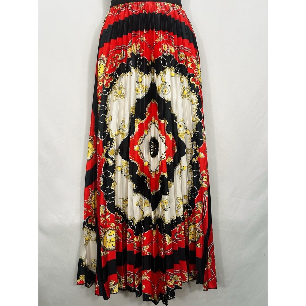 Womens Scarf Print Pleated Midi Skirt Size 2X Red Black Satin Gold Chain Baroque